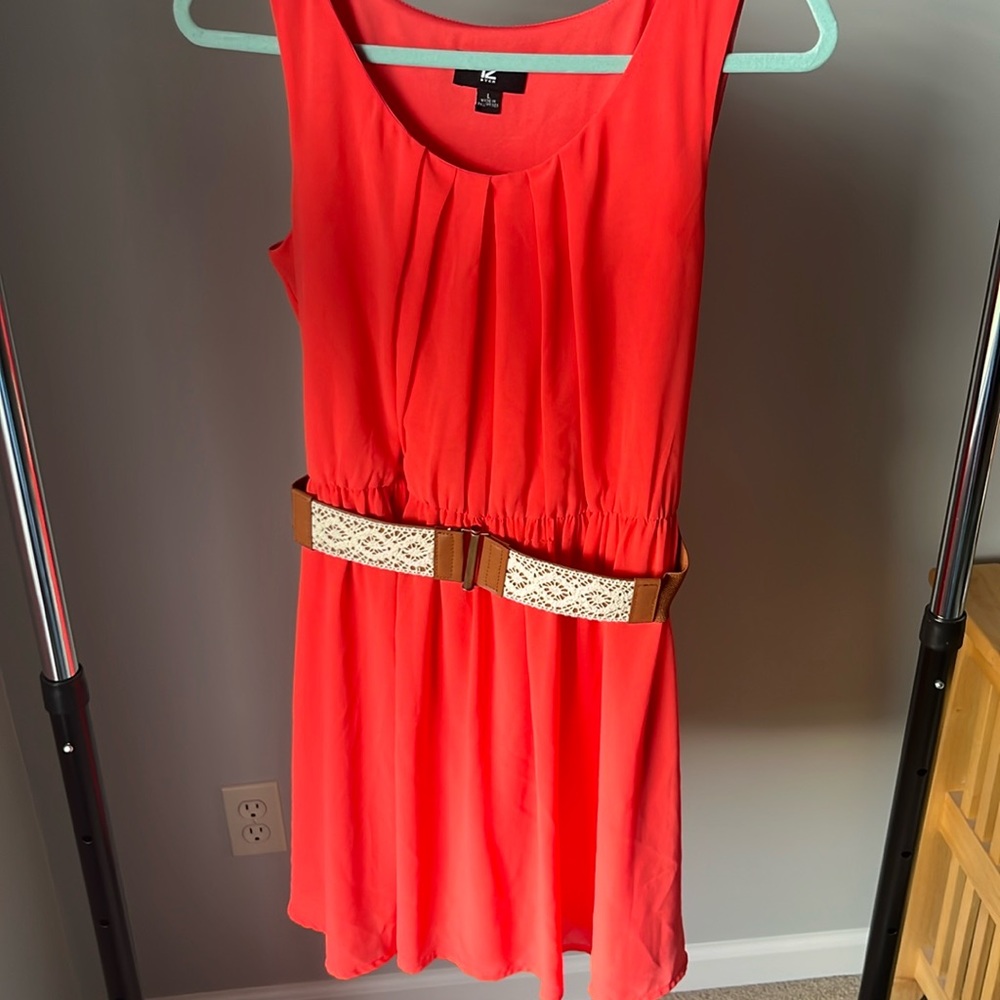 Coral Chiffon Cocktail Dress with Belt